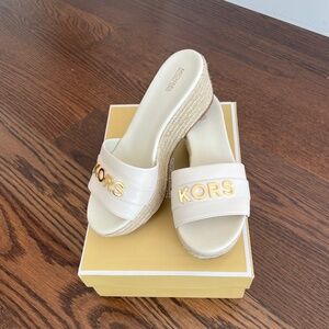 Michael Kors Brady white leather platform wedge espadrille slides